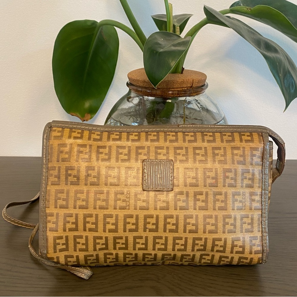 FENDI Zucchino Coated Canvas Leather FF Monogram Crossbody Purse Bag - Vintage